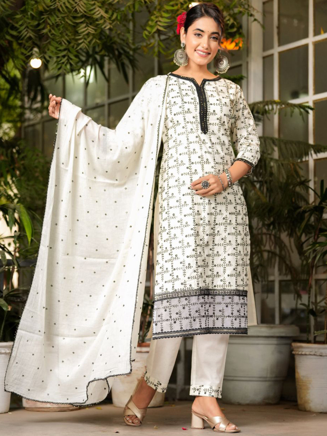 

KALINI Women Embroidered Regular Sequinned Kurta with Trousers & With Dupatta, White