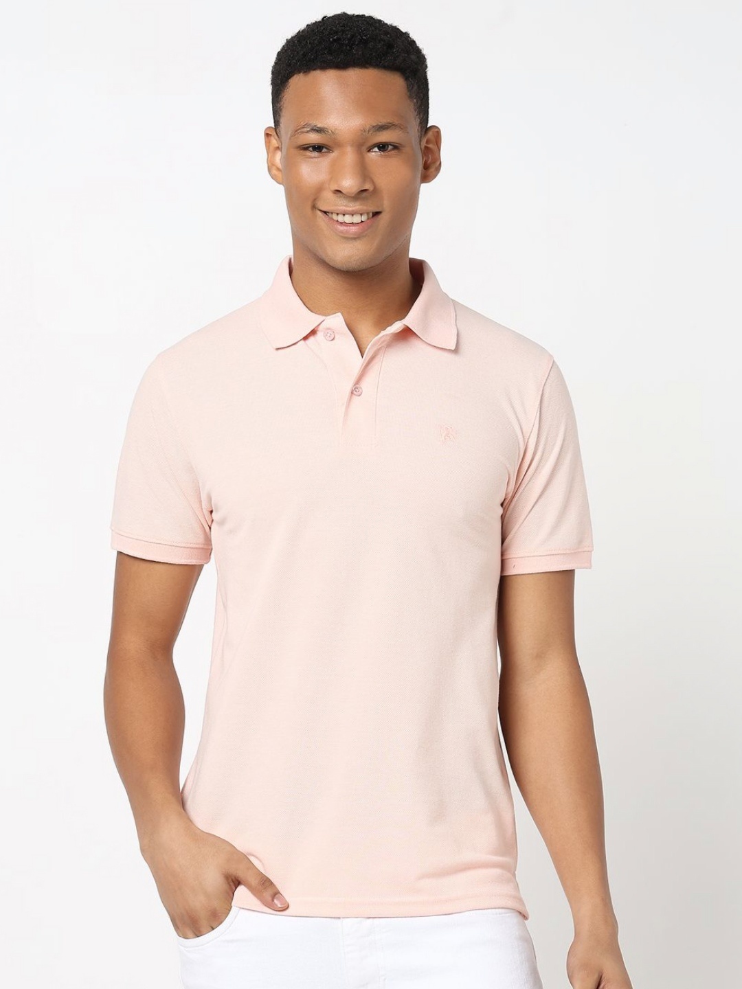 

R&B Men Solid Polo Collar Cotton T-shirt, Peach