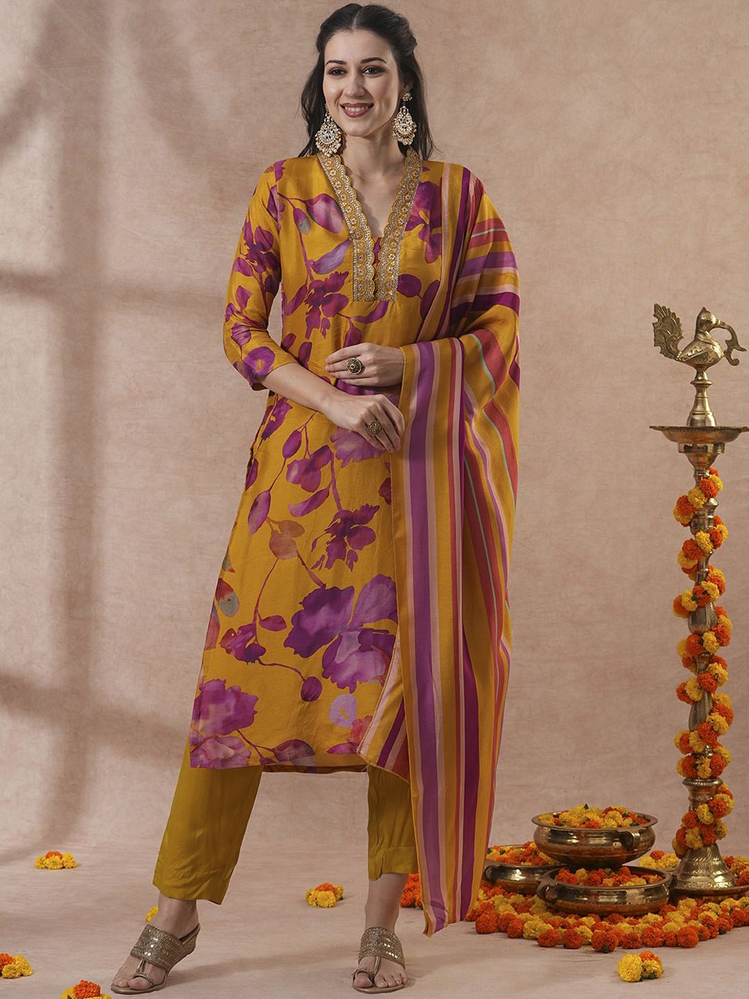 

FASHOR Floral Printed Sequinned Straight Kurta With Trousers & Dupatta, Mustard