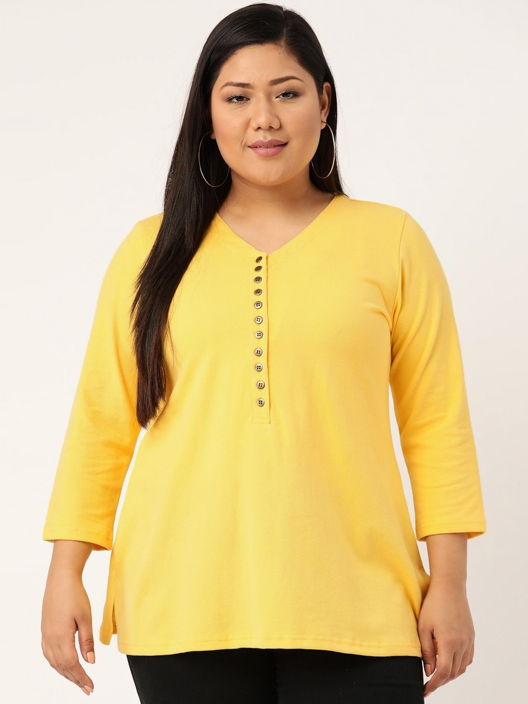 

theRebelinme Women Solid V-Neck A-Line Pure Cotton Kurti, Yellow