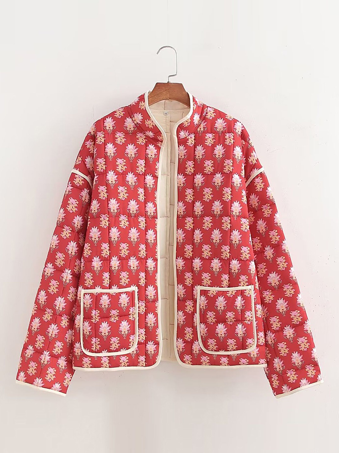 

LULU & SKY Women Collarless Conversational Printed Casual Tailored Jacket, Red