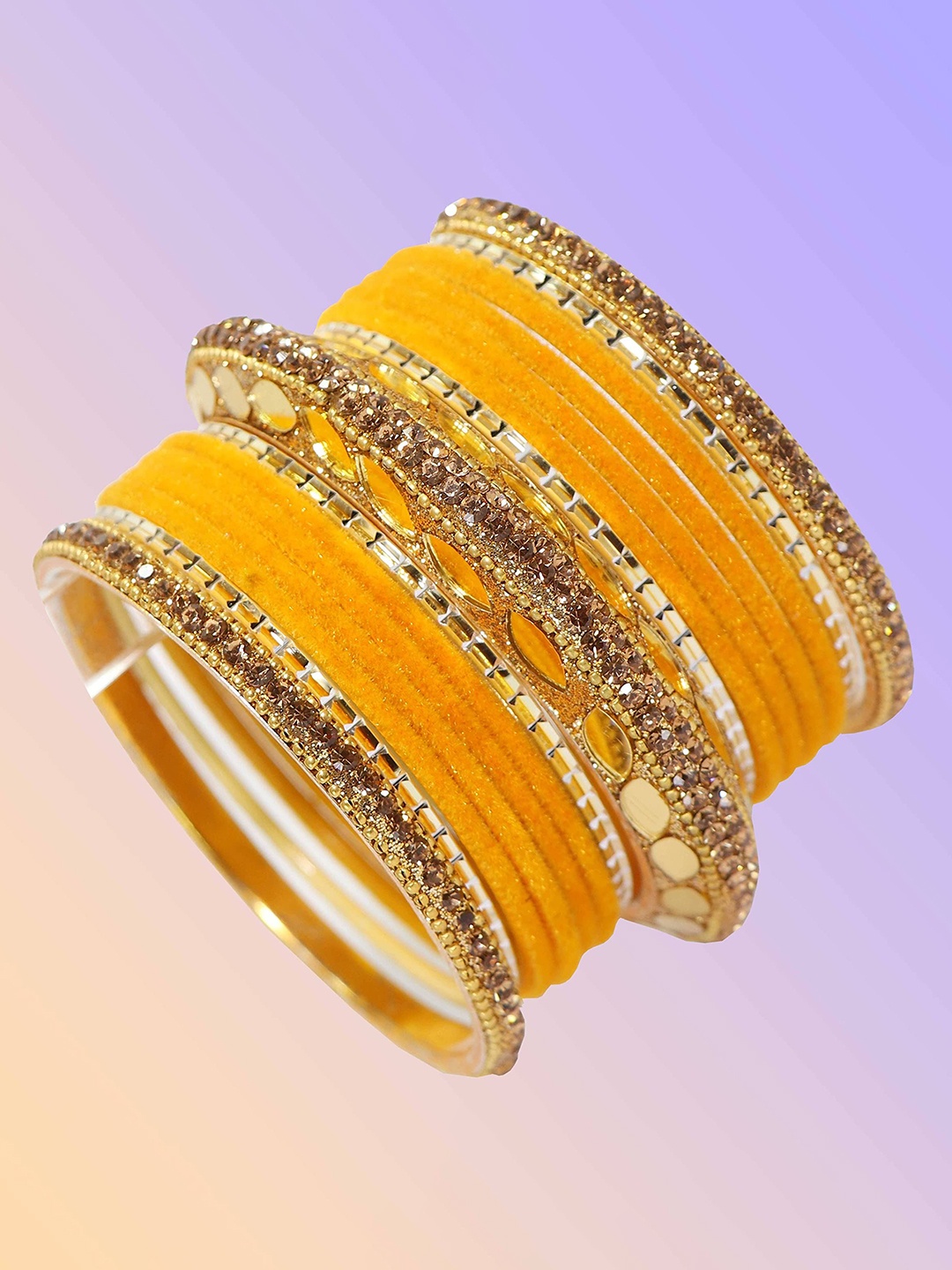 

ZULKA Set of 30 Premium Gold Plated Metal Chuda with Zircon Stone & Beads, Yellow