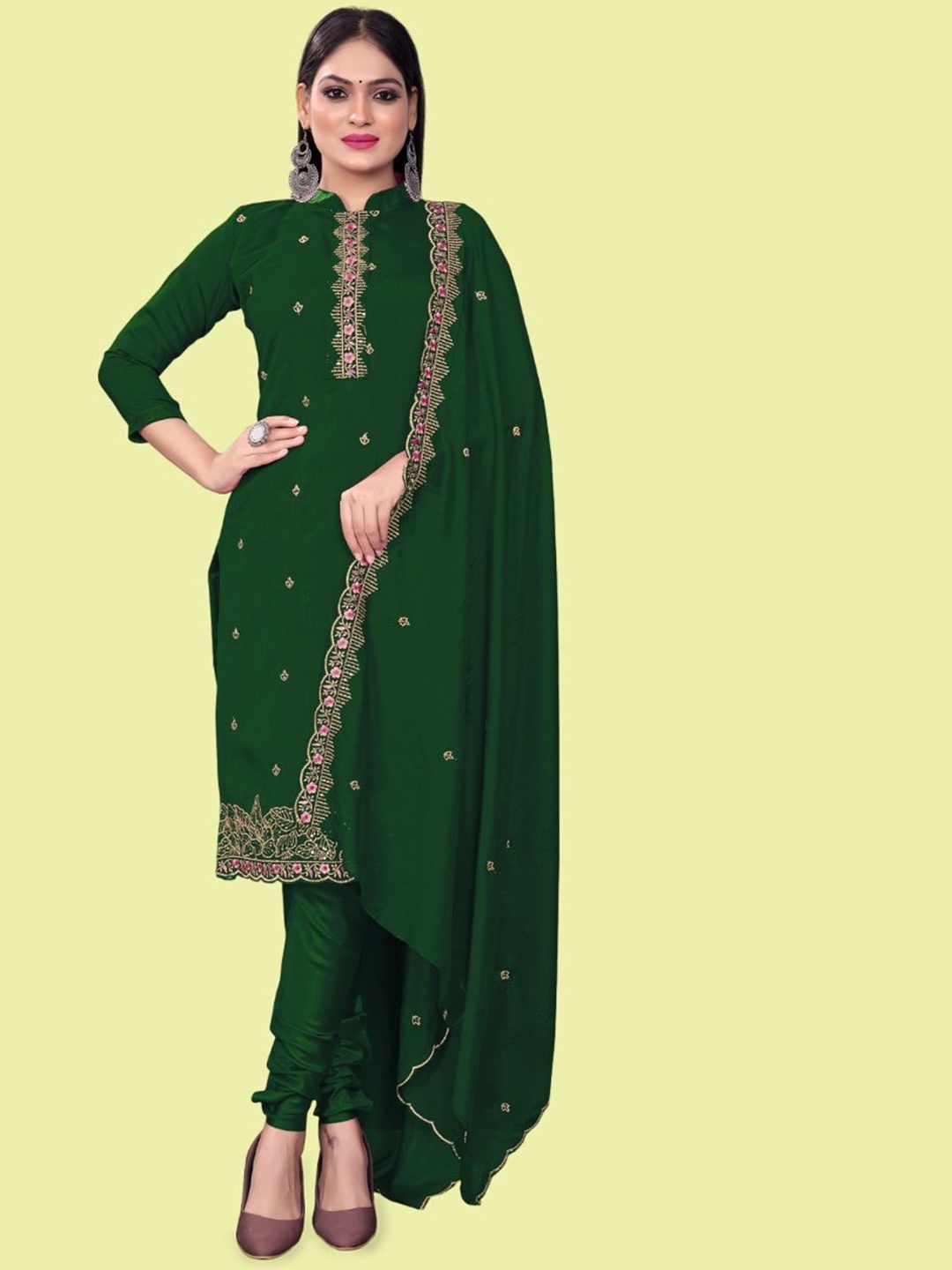 

JULEE Floral Embroidered Pure Silk Unstitched Dress Material, Green