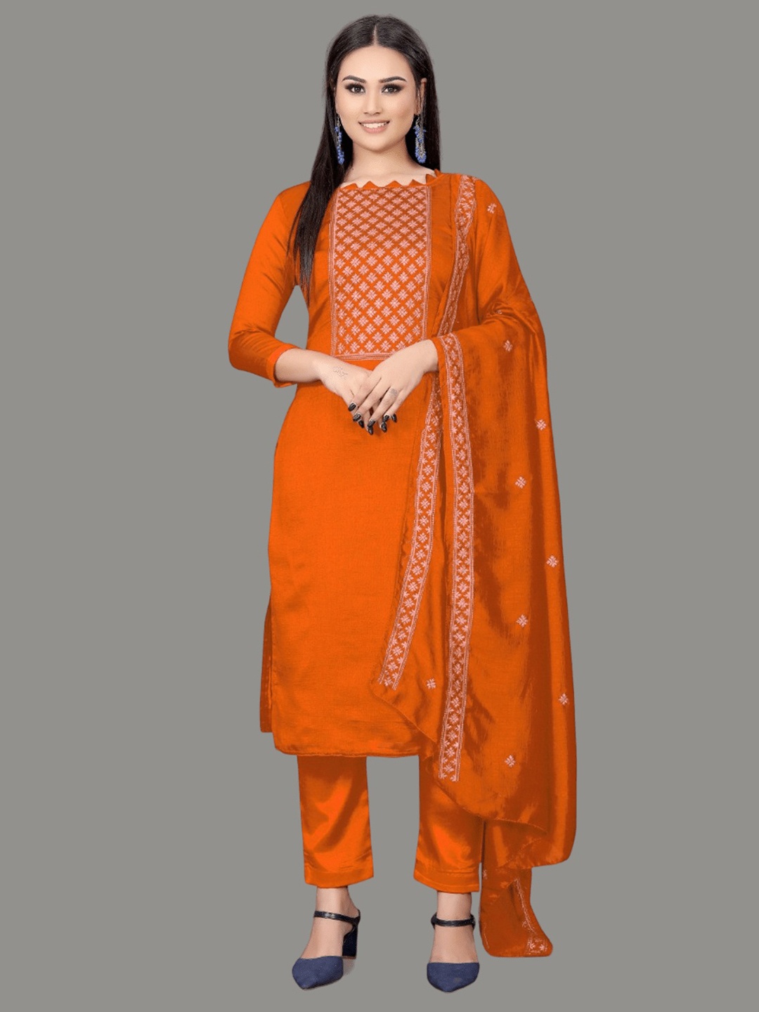 

Aika Floral Embroidered Thread Work Pure Silk Unstitched Dress Material, Orange