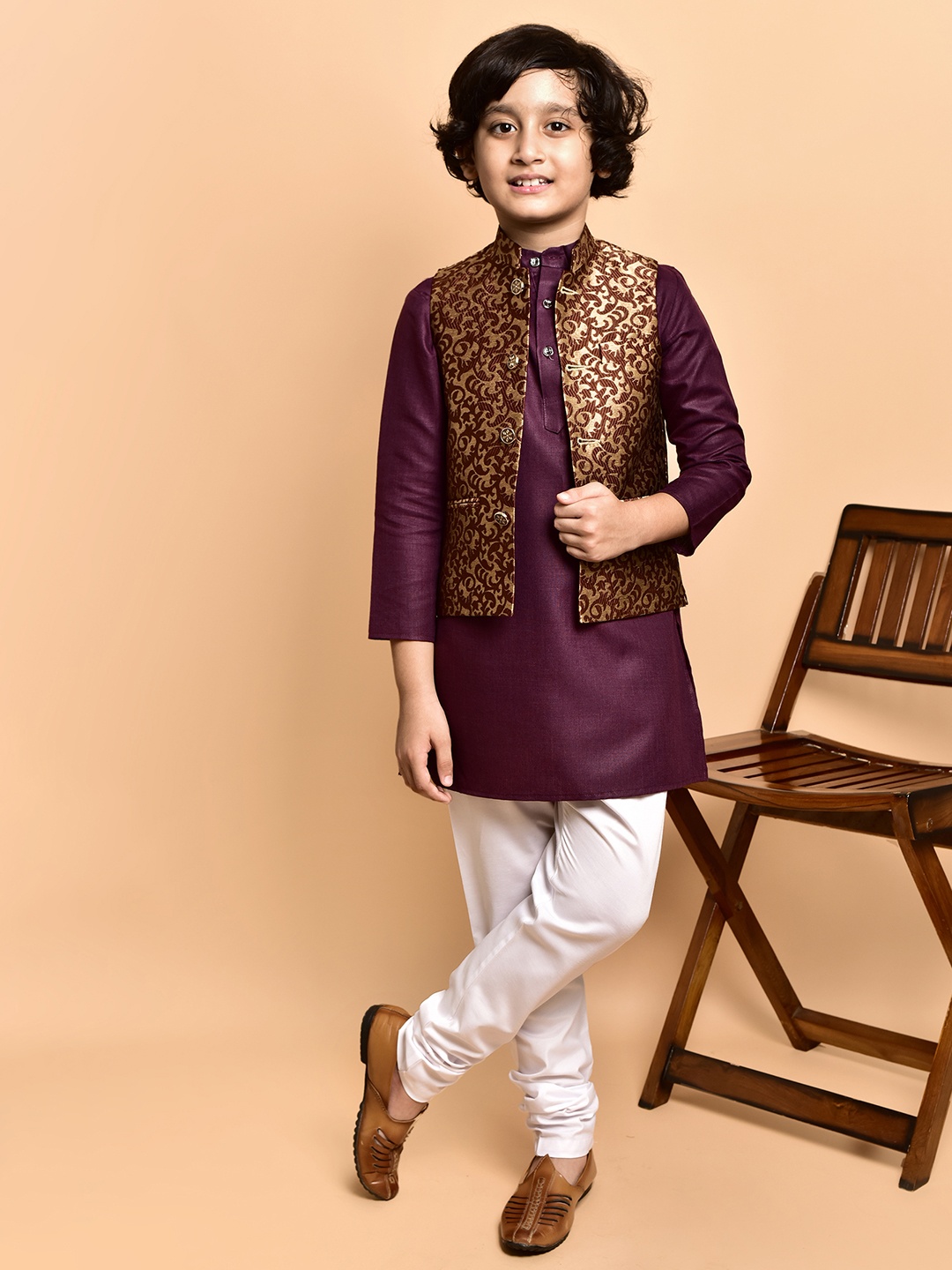 

PRINTINDIA Boys Band Collar Straight Kurta with Trouser & Nehru Jacket, Purple