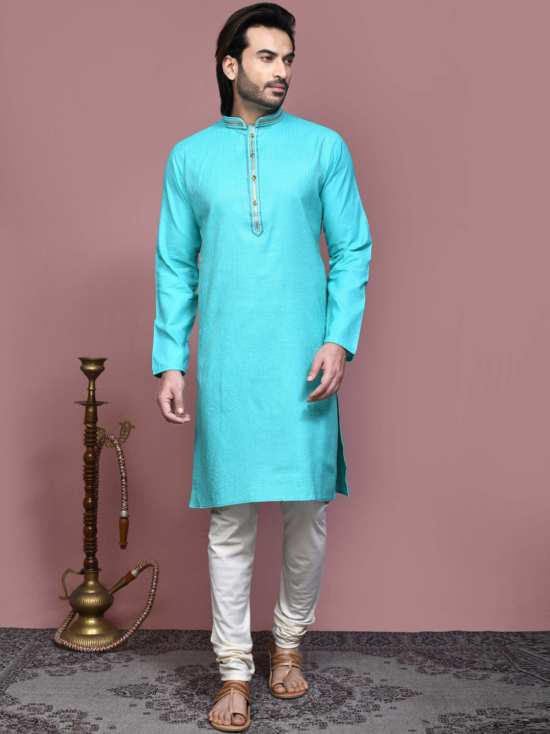 

RANAK Striped Mandarin Collar Long Sleeves Regular Straight Kurta, Sea green