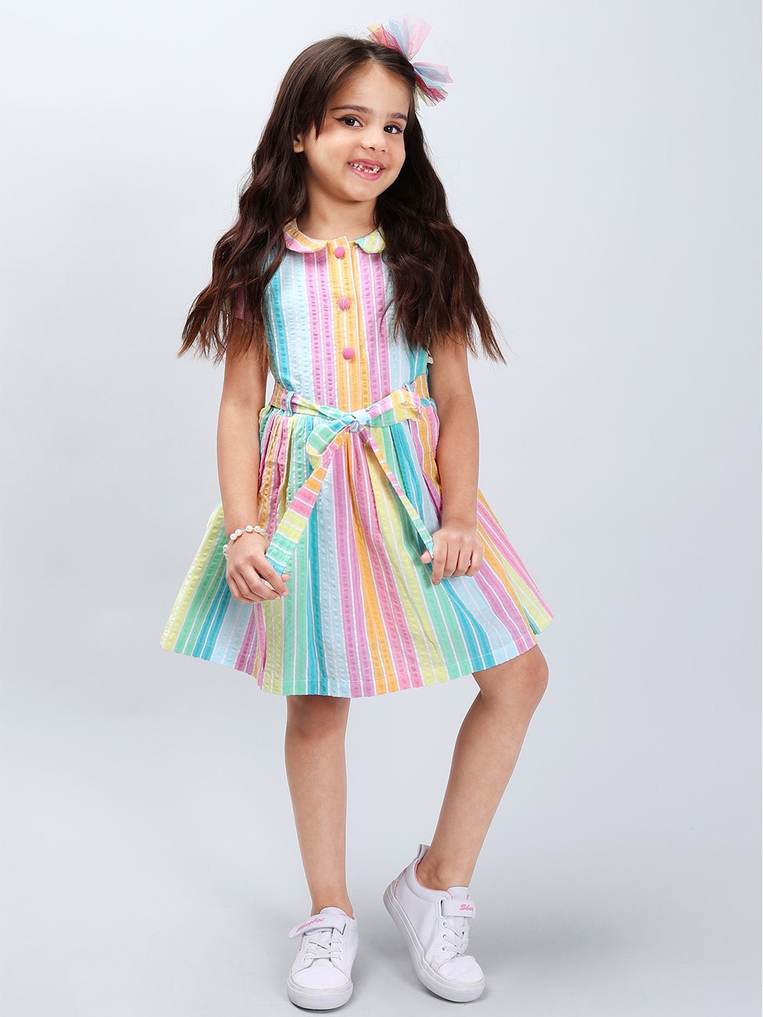 

PINK MERMAID Girls Gathered Striped A-Line Cotton Dress Comes with a belt, Blue