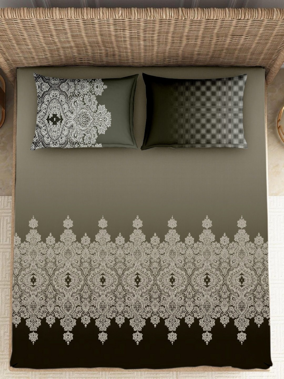 

VINTANA Green & White Ethnic Motifs 250 TC Cotton King Bedsheet Set-2.74 m x 2.74 m