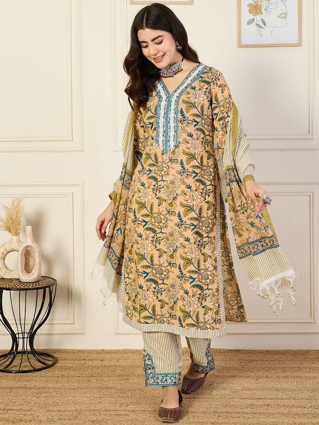 

KALINI Women Floral Printed Regular Kurta with Trousers & With Dupatta, Beige