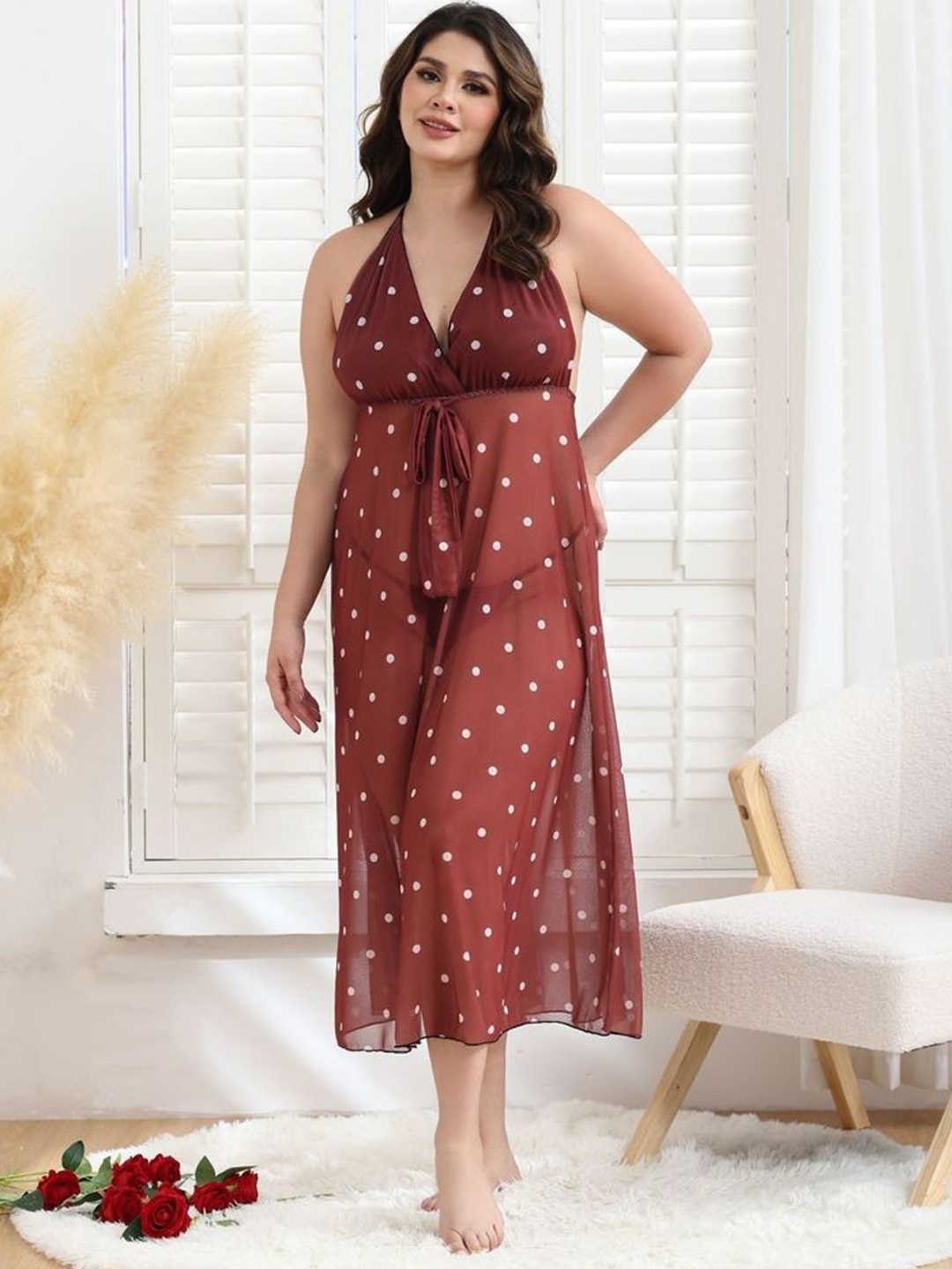 

LULU & SKY Women Plus Size Polka Dots Printed Nightdress With Thong Briefs, Burgundy