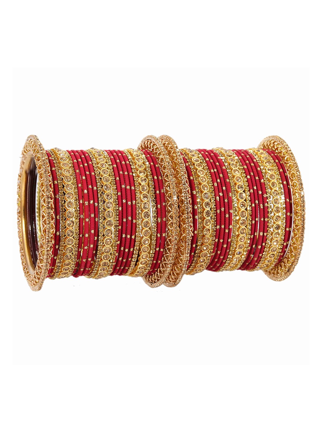 

ZULKA Set Of 46 Zircon Gemstone & Zari Dotted Bangles, Red