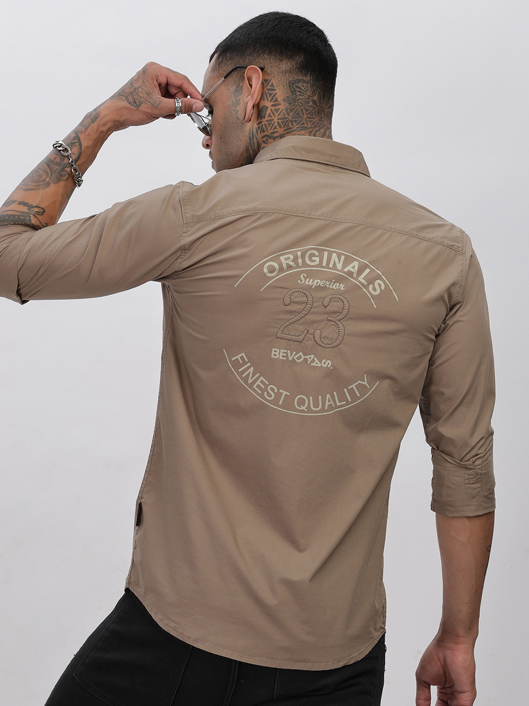 

BEVDAAS Men Spread Collar Typography Printed Cotton Casual Shirt, Brown