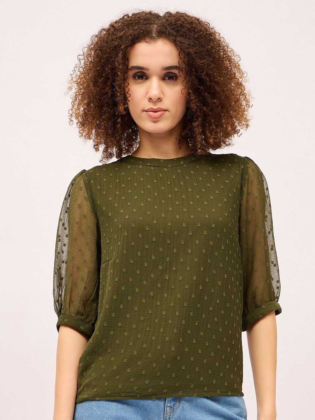 

Mayra Women Self Design Regular Top, Olive