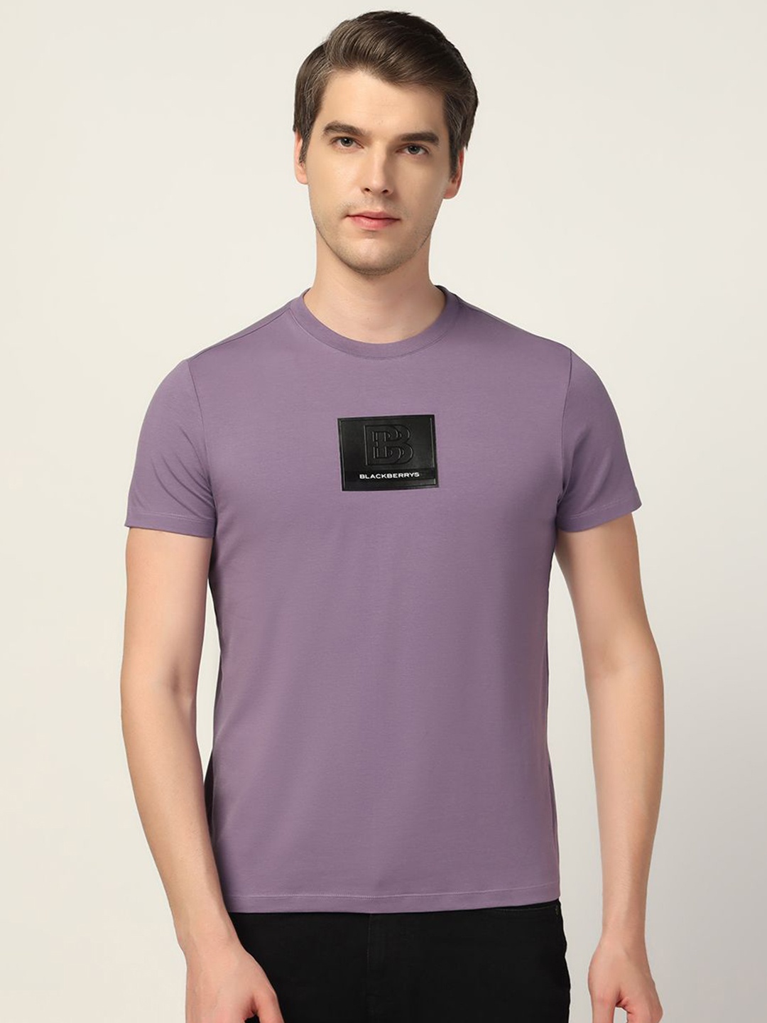 

Blackberrys Men Solid Round Neck Cotton Slim Fit T-shirt, Purple