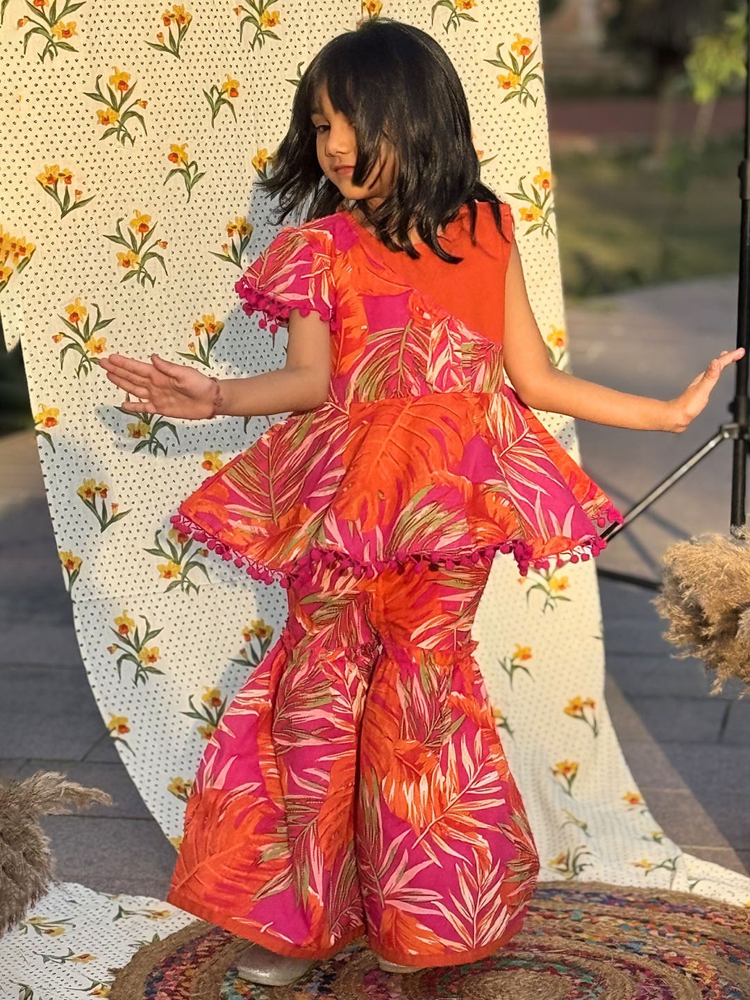 

Peekaaboo Kids Girls Floral Printed Boat Neck Pure Cotton Anarkali Kurta With Sharara, Orange