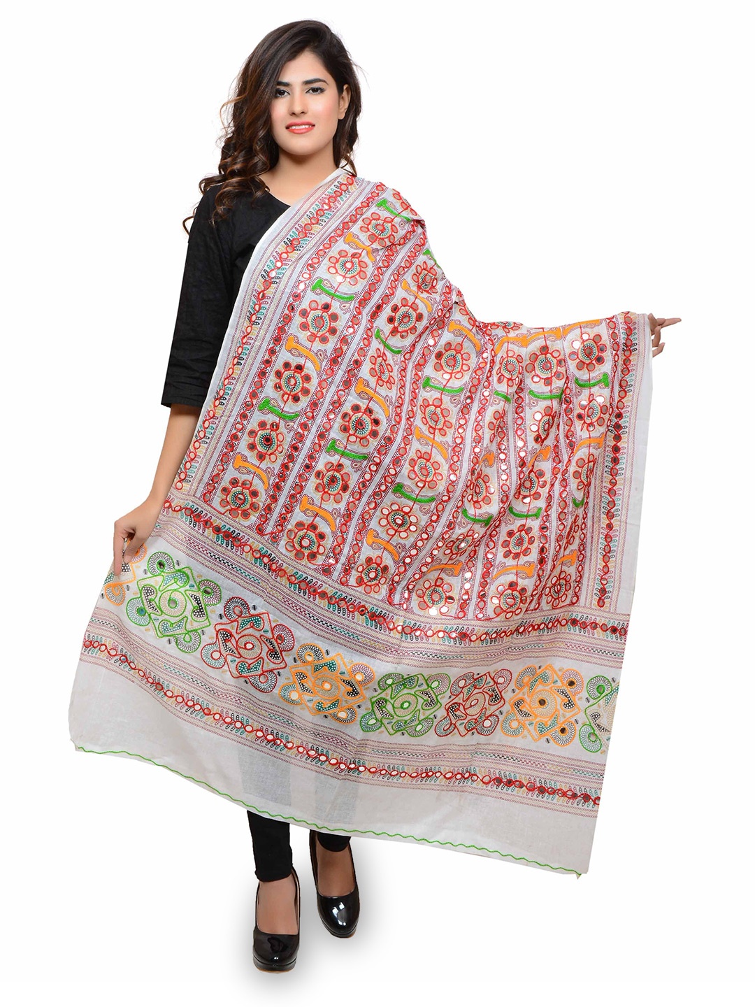 

BANJARA INDIA Embroidered Dupatta with Thread Work, White