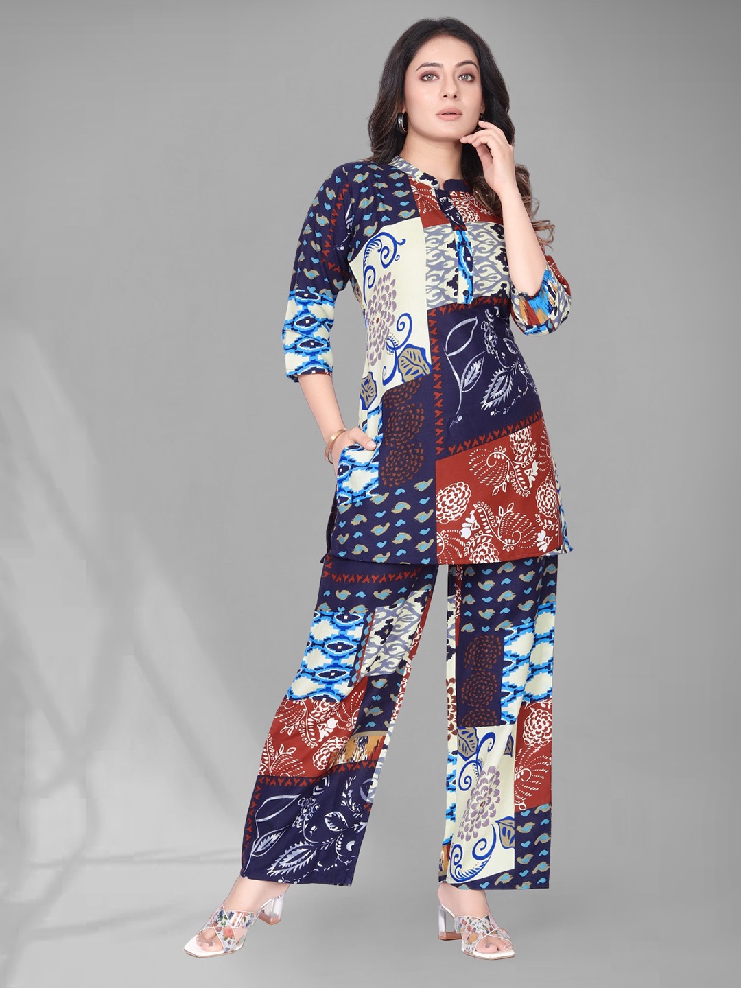

Anouk Cream Printed Mandarin Collar Tunic With Trousers
