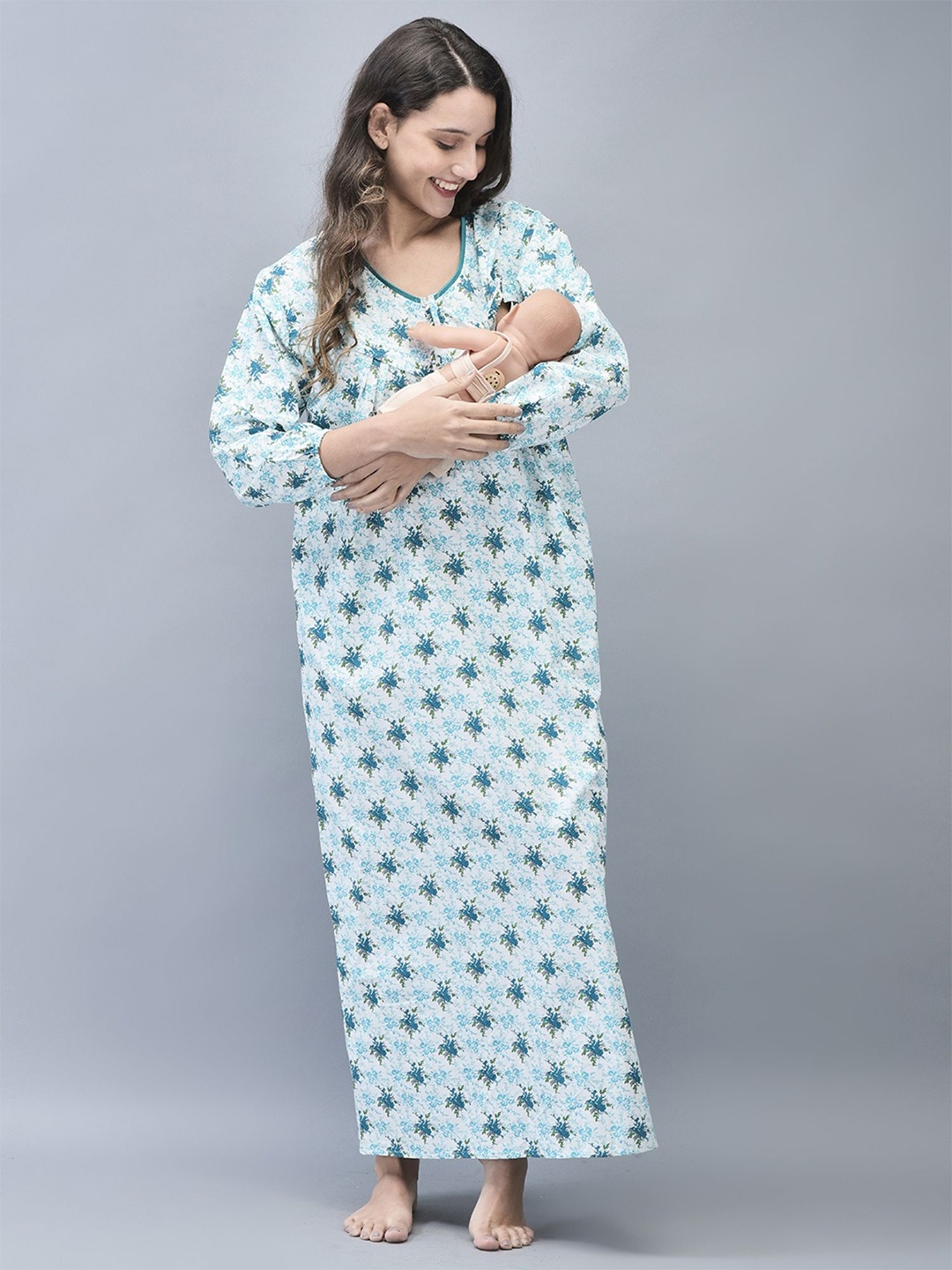 

Noty Women Floral Printed Maternity Maxi Nightdress, Blue