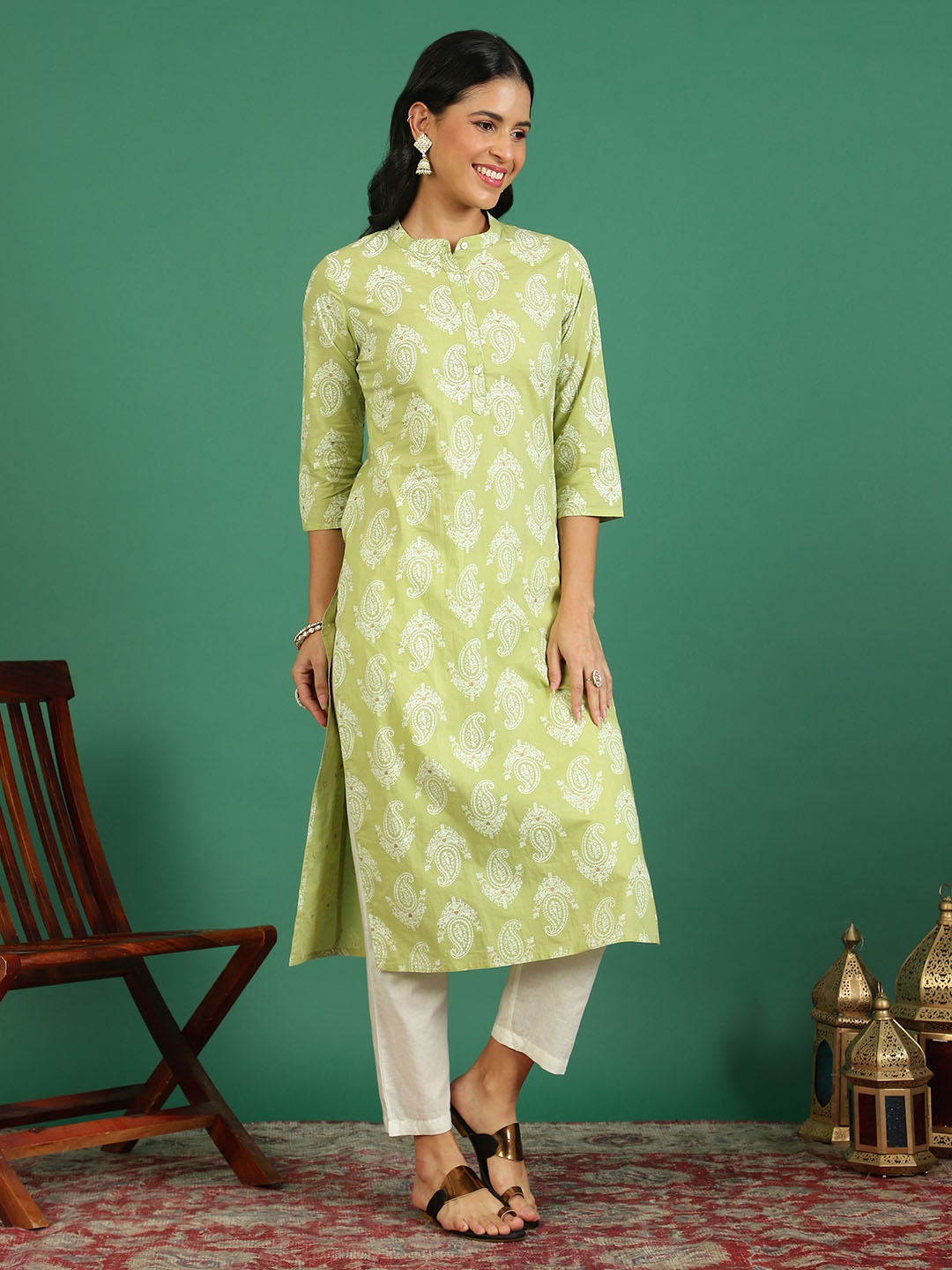 

Sangria Olive Paisley Printed Band Collar Three-Quarter Sleeves Pure Cotton Straight Kurta