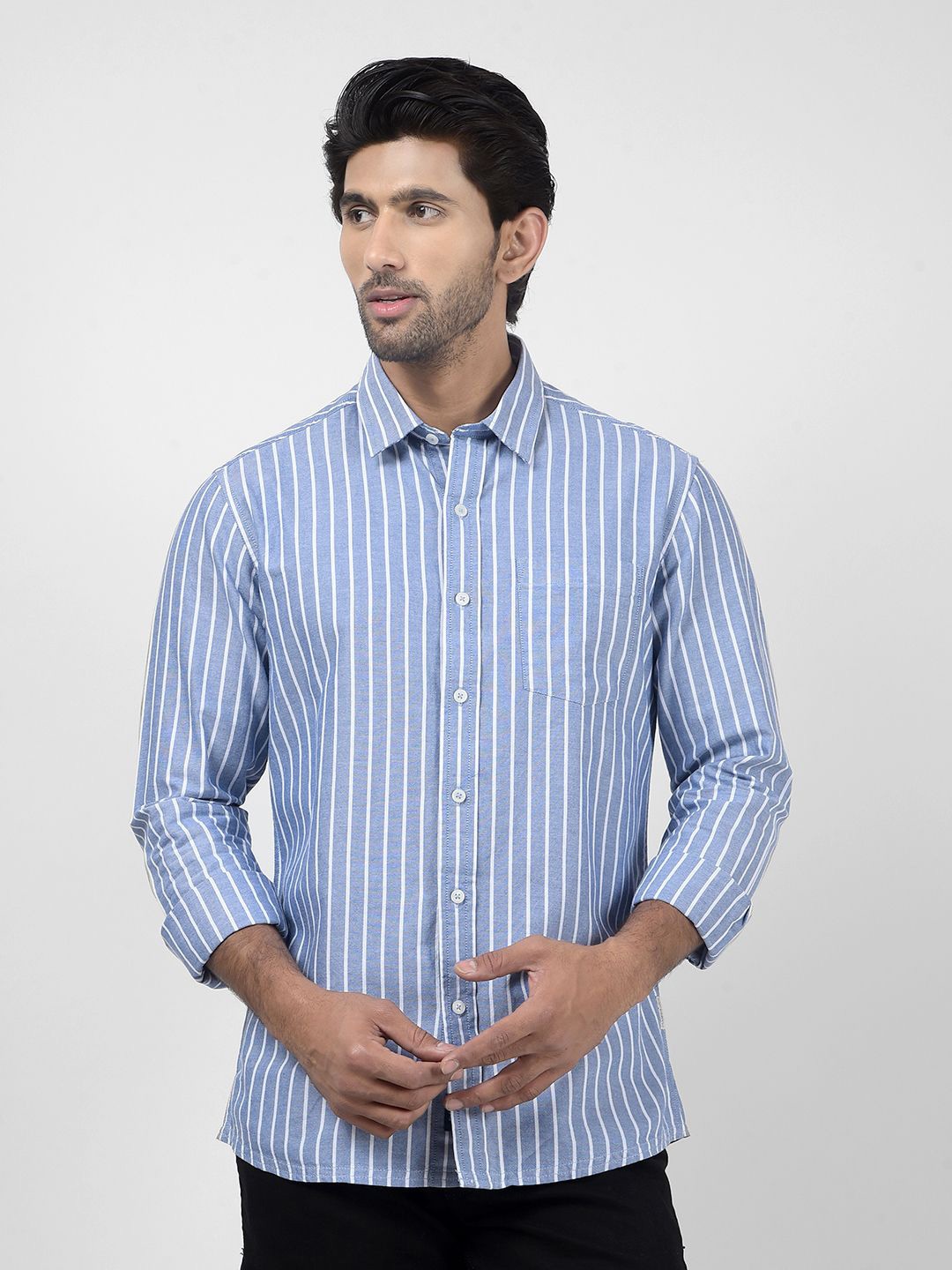 

Numero Uno Men Spread Collar Vertical Striped Cotton Slim Fit Casual Shirt, Blue