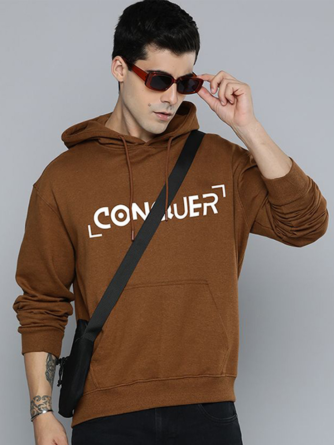 

R.Code by The Roadster Life Co. Men Typography Printed Hooded Sweatshirt, Mustard