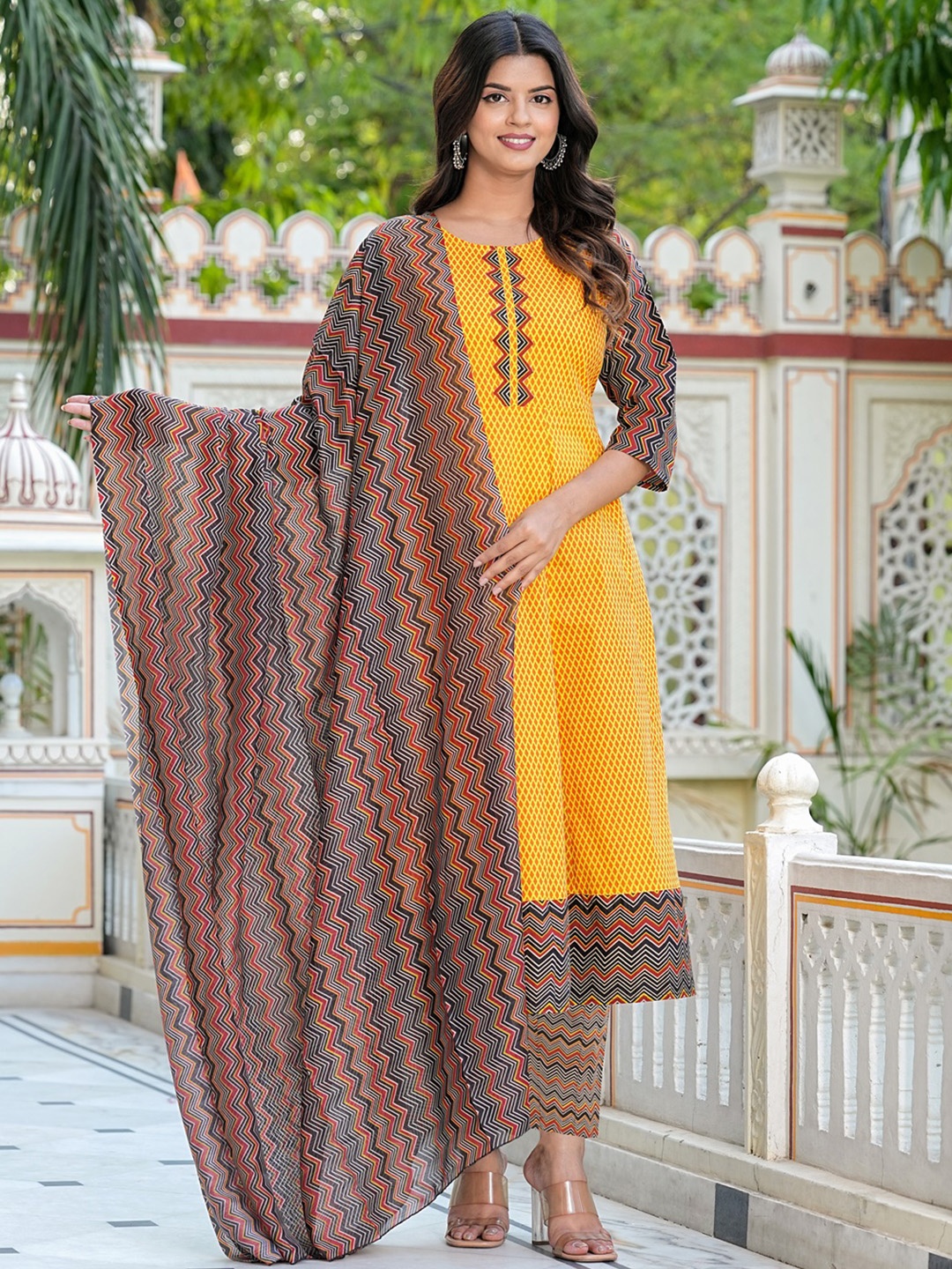 

YASH GALLERY Geometric Printed Regular Pure Cotton Kurta With Trouser With Dupatta, Mustard