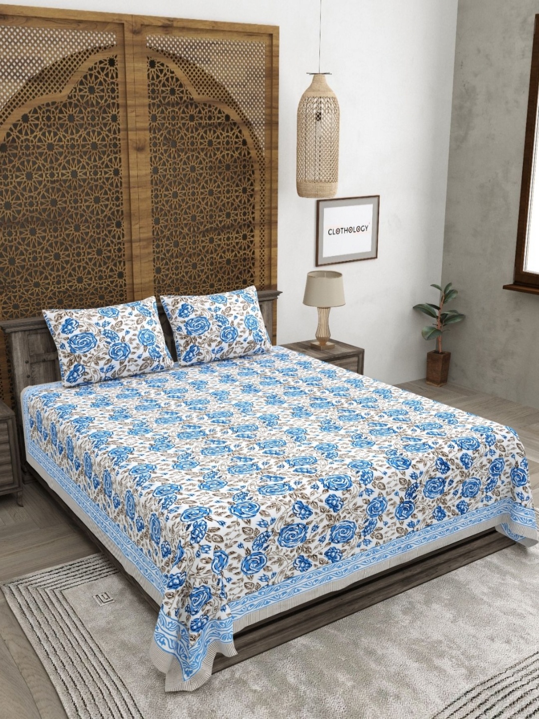 

CLOTHOLOGY Blue & White Floral Printed Pure cotton 180 TC King Bedsheet Set 2.75 x 2.25 m