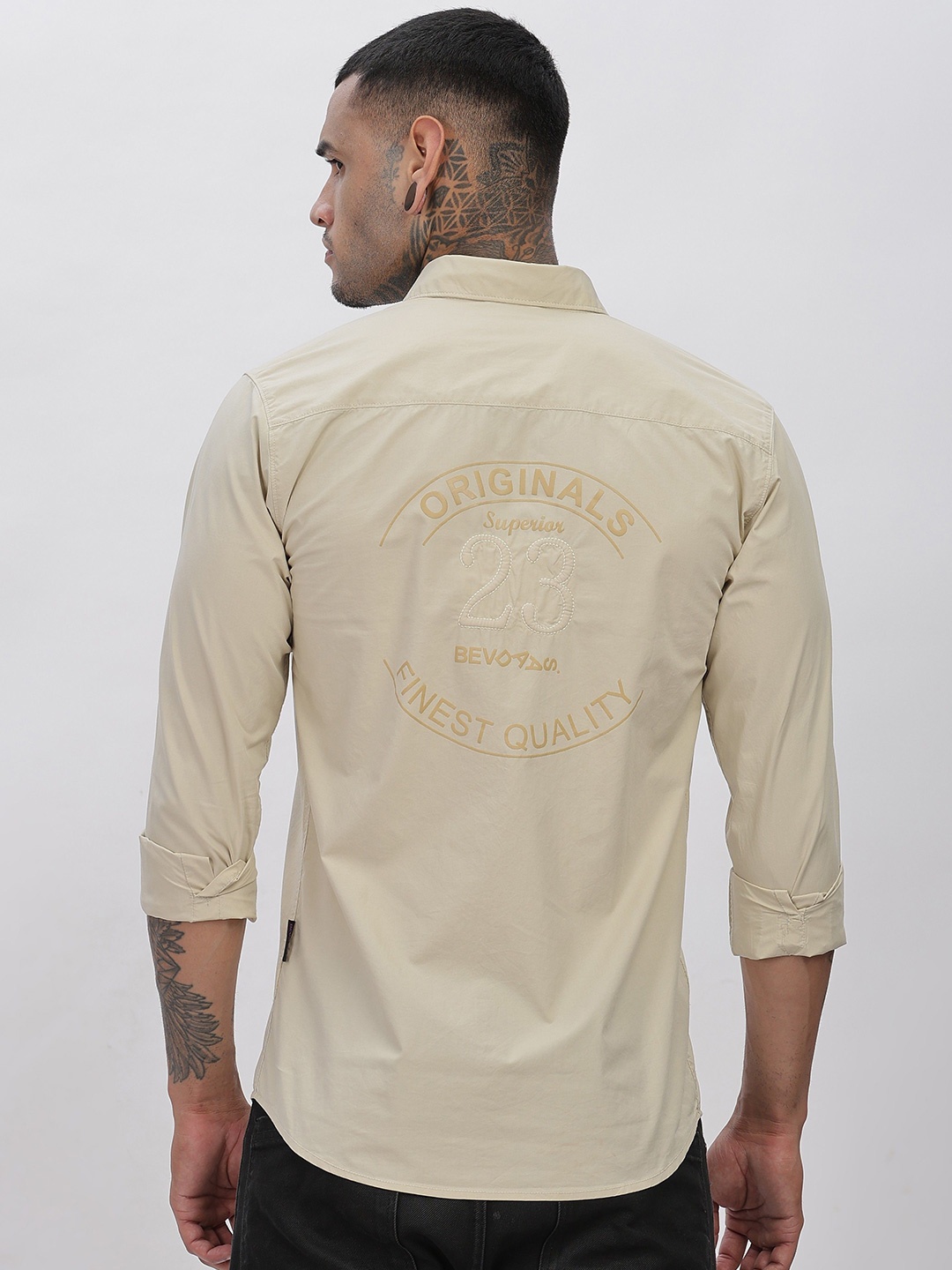 

BEVDAAS Men Spread Collar Typography Printed Cotton Formal Shirt, Cream
