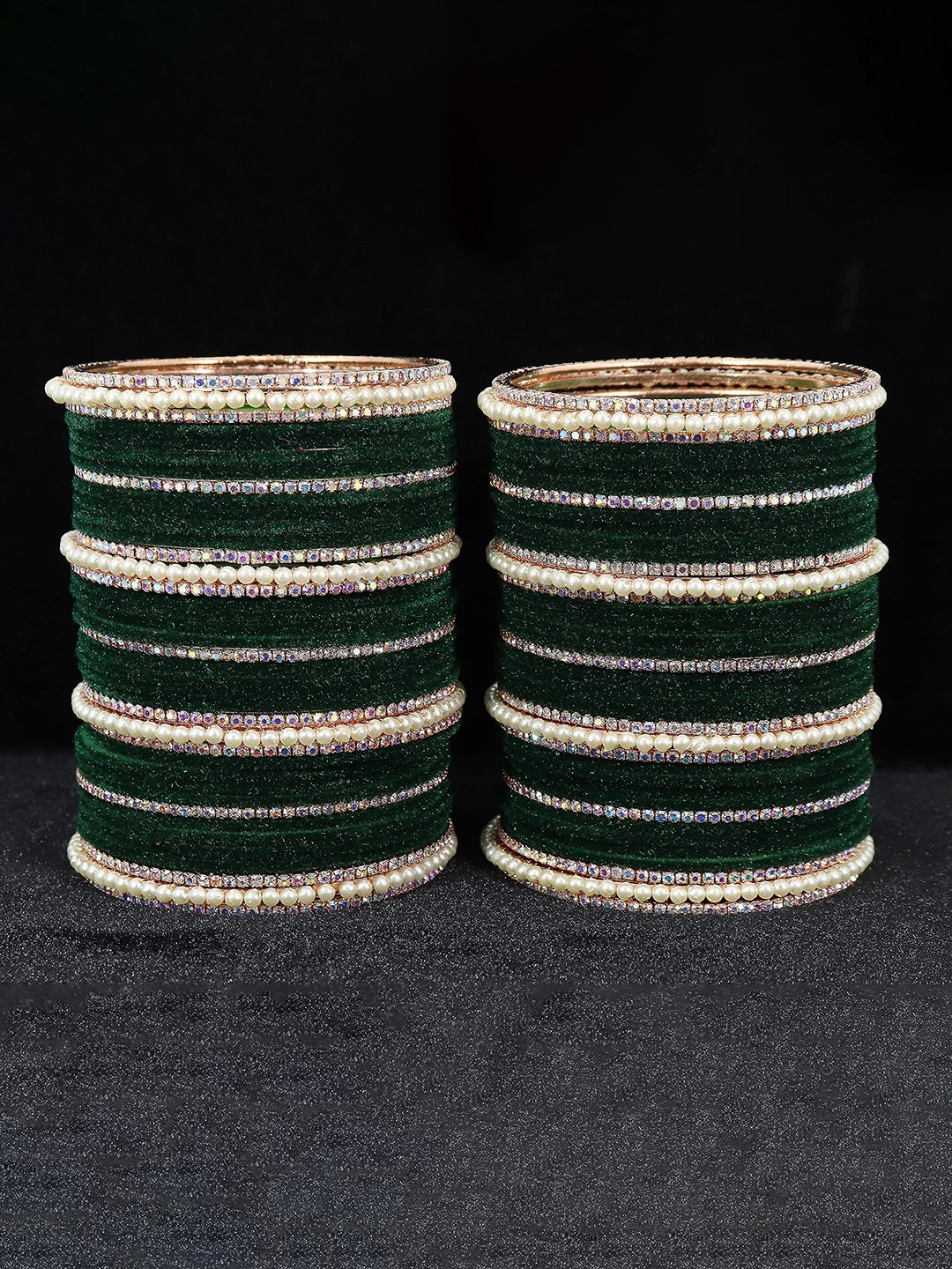 

Set of 78 Metal with Cubic Zirconia and Pearls Velvet Bangles For Women, Peach