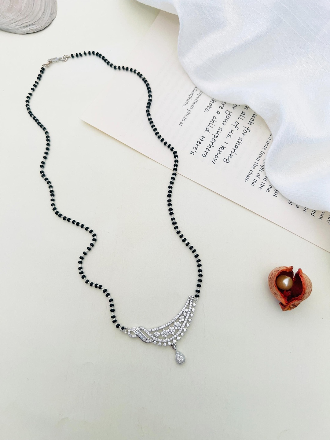

ABDESIGNS Silver Plated American Diamond Studded & Beaded Mangalsutra