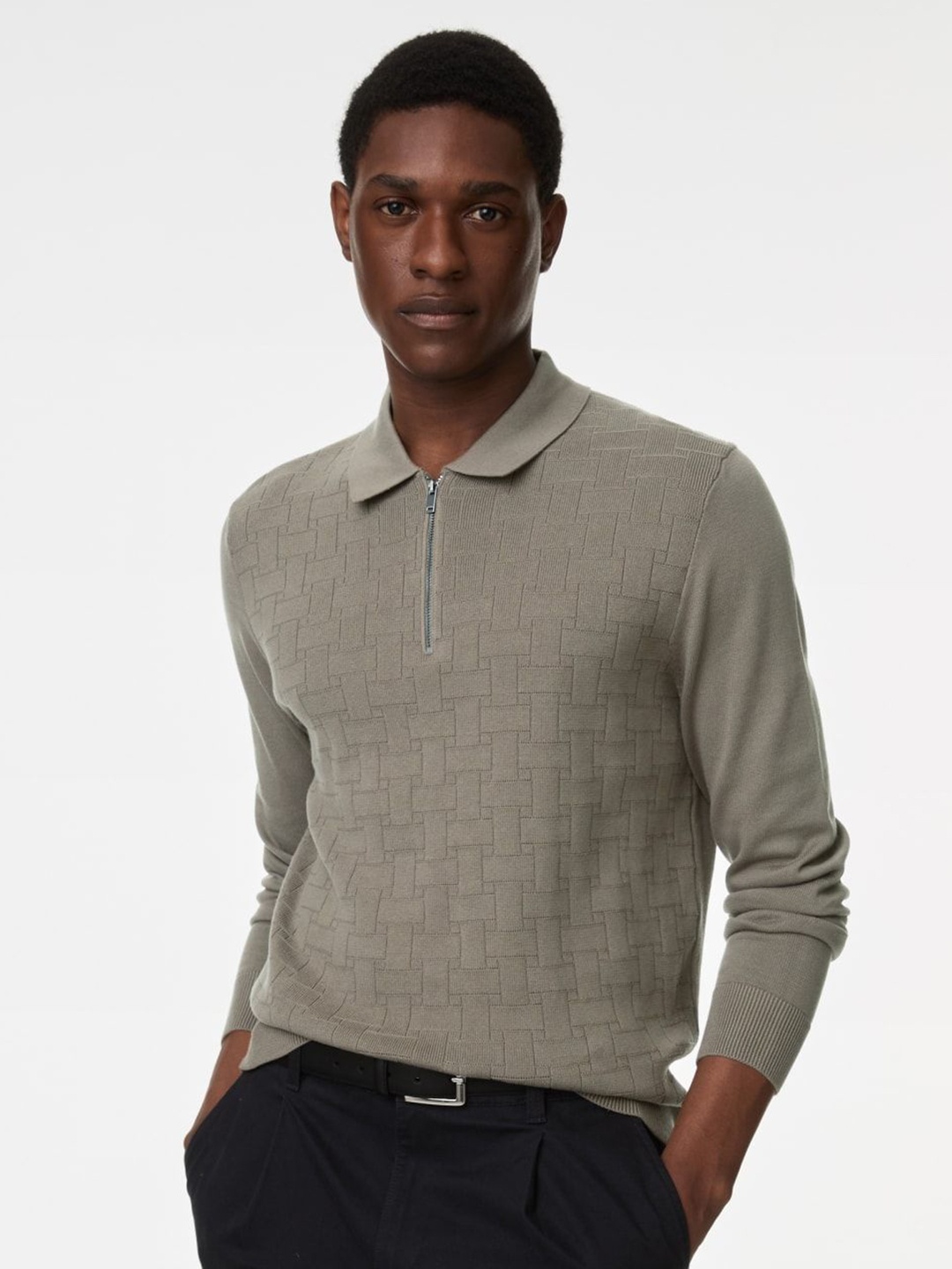 

Marks & Spencer Men Self Design Polo Collar Cotton T-shirt, Green