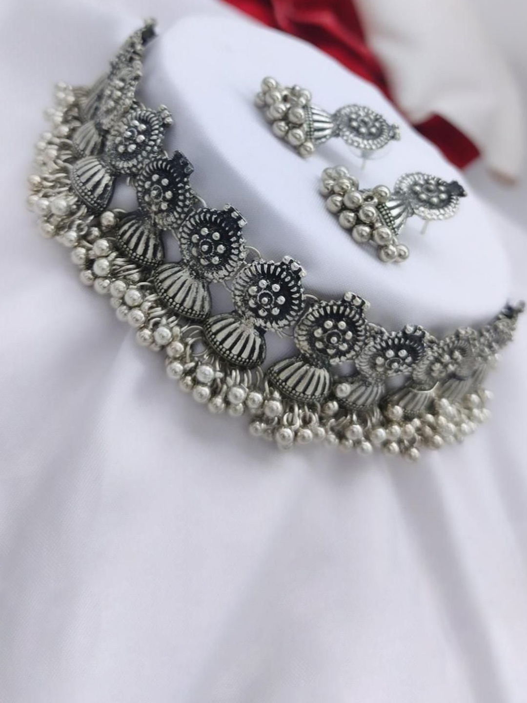 

Gyaan Jewels Beaded Oxidised Necklace & Earrings, Silver