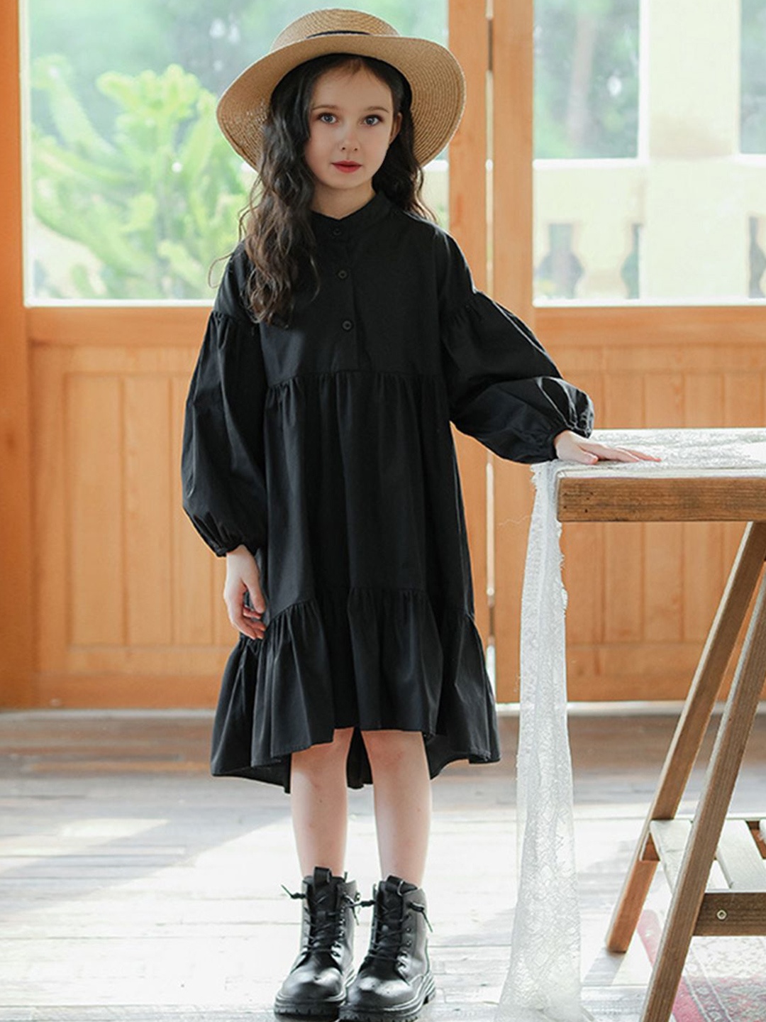 

INCLUD Girls Puff Sleeve Shirt Dress, Black