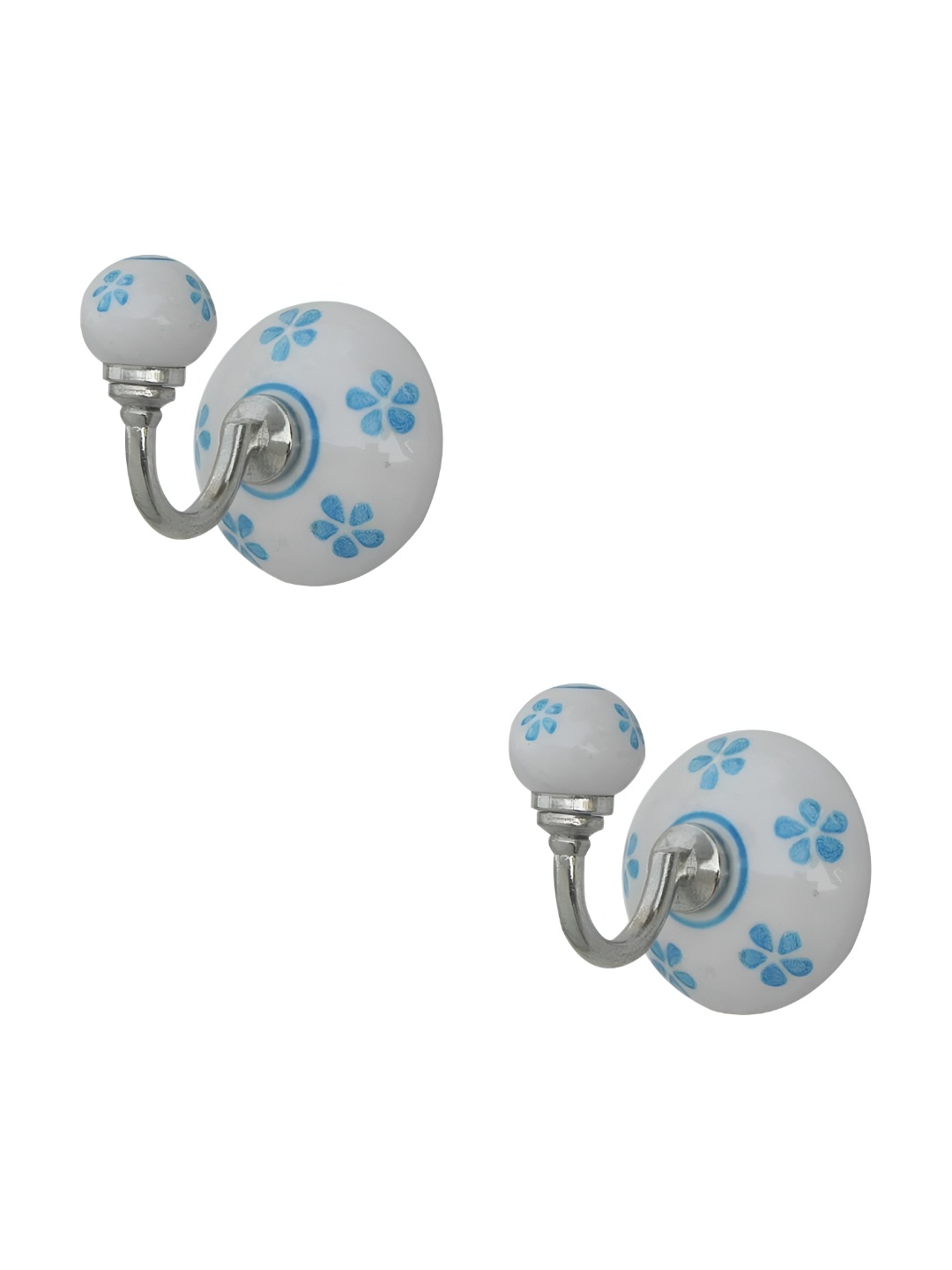 

IndianShelf Turquoise Blue and White 2 Pieces Floral Printed Ceramic Wall Hooks