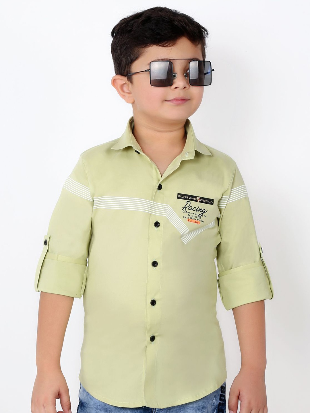 

MashUp Boys Classic Fit Spread Collar Typography Printed Cotton Casual Shirt, Green