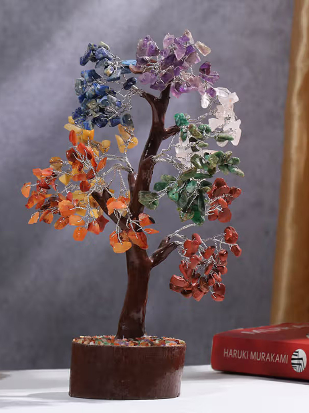 

Floweraura Unisex Crystal Gemstones Wooden Figurine Tree, Brown