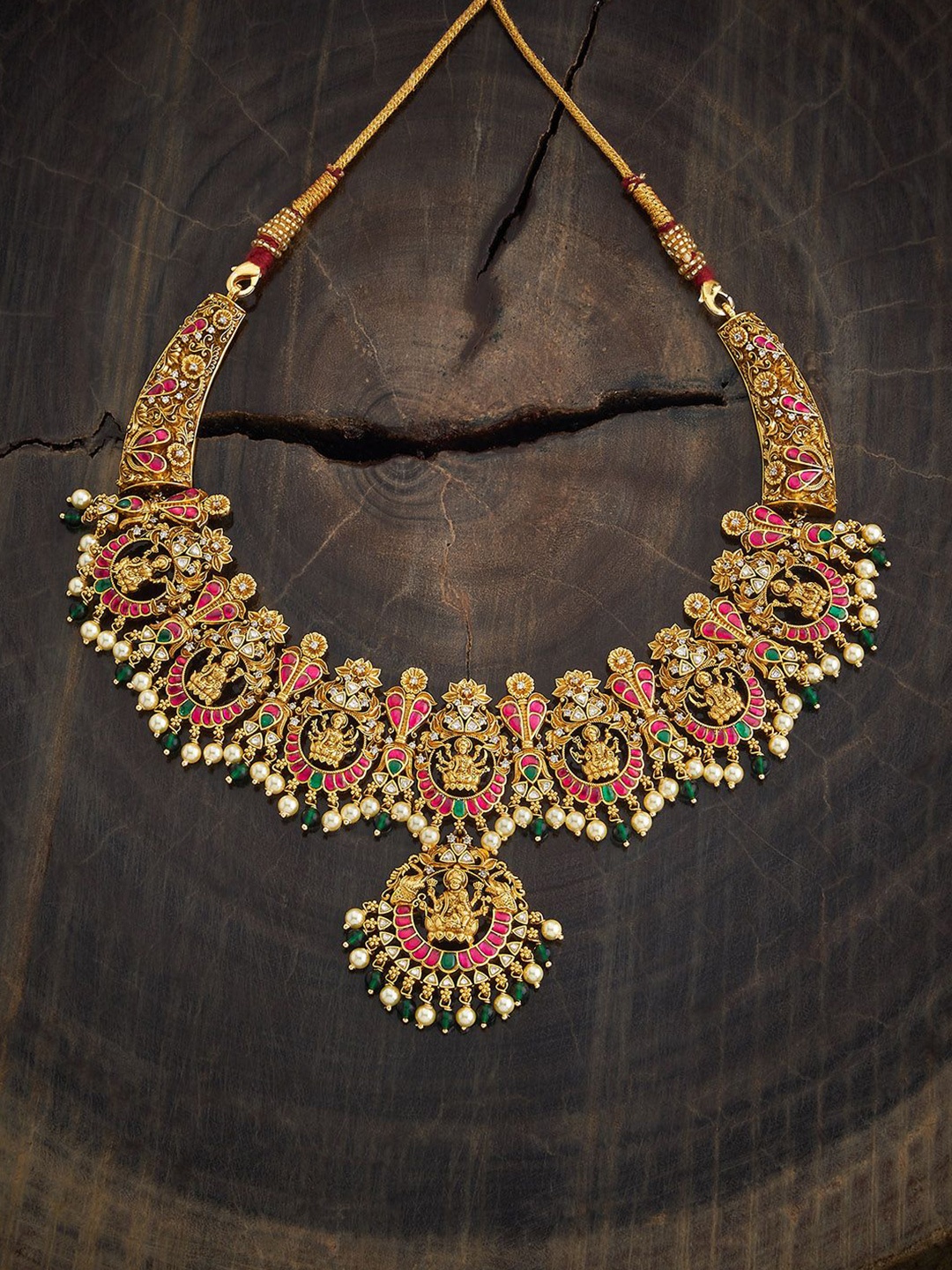 

Kushal's Fashion Jewellery 92.5 Silver Gold-Plated Stone Studded & Beaded Temple Necklace