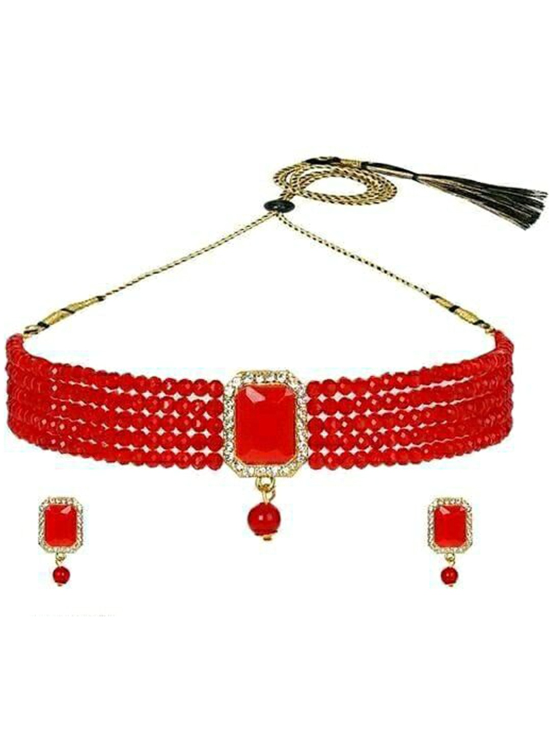 

Gyaan Jewels Stones Studded & Beaded Jewellery Set, Gold