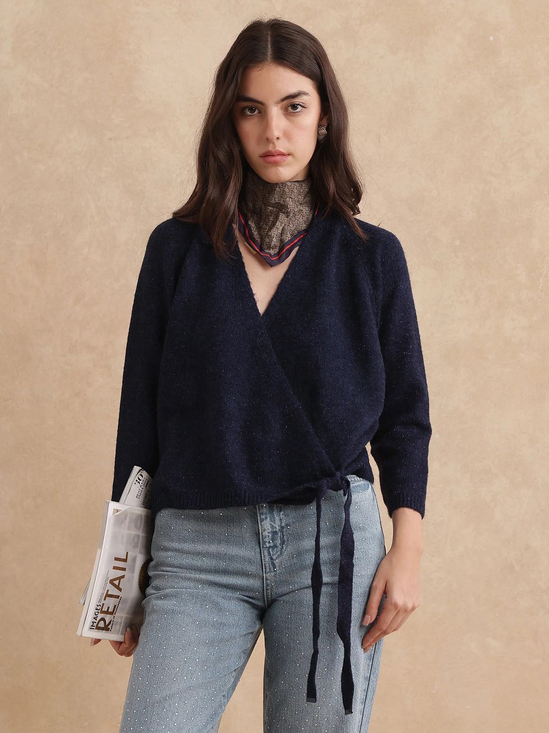 

RAREISM Women V-Neck Long Sleeves Cardigan, Navy blue