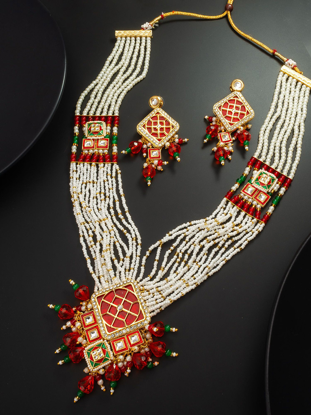 

aadita Kundan-Studded & Beaded Temple Jewellery Set, Gold