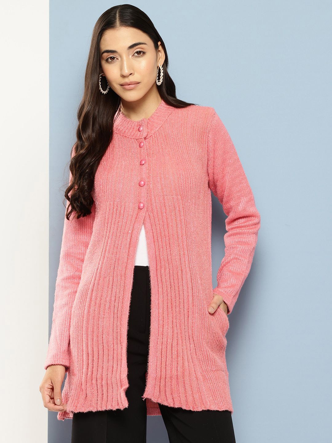 

BAESD Women Ribbed Woollen Cardigan, Peach