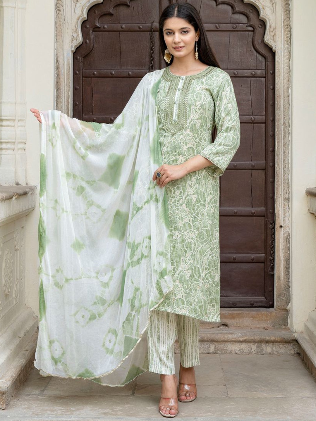 

KALINI Women Ethnic Motifs Printed Regular Mirror Work Kurta with Trousers & With Dupatta, Green