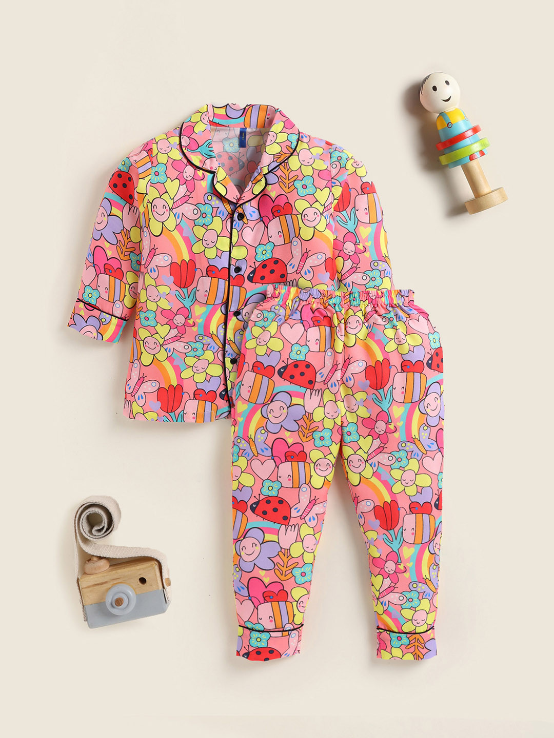 

YK Girls Conversational Printed Night suit, Pink