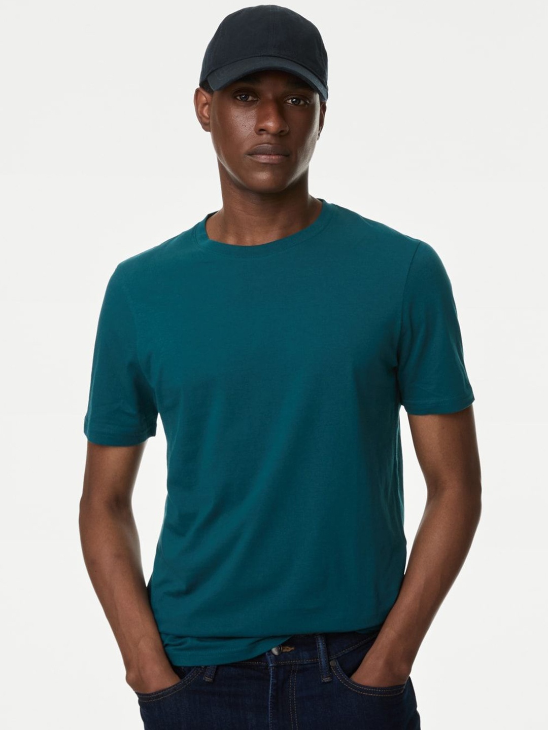 

Marks & Spencer Men Solid Round Neck Cotton T-shirt, Teal