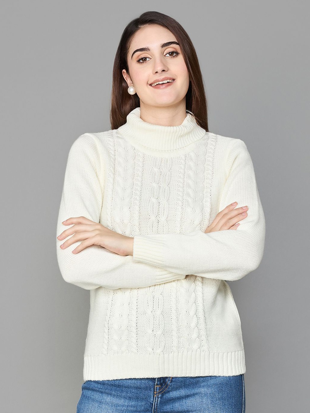 

Colour Me by Melange Women Cable Knit Pullover, Off white