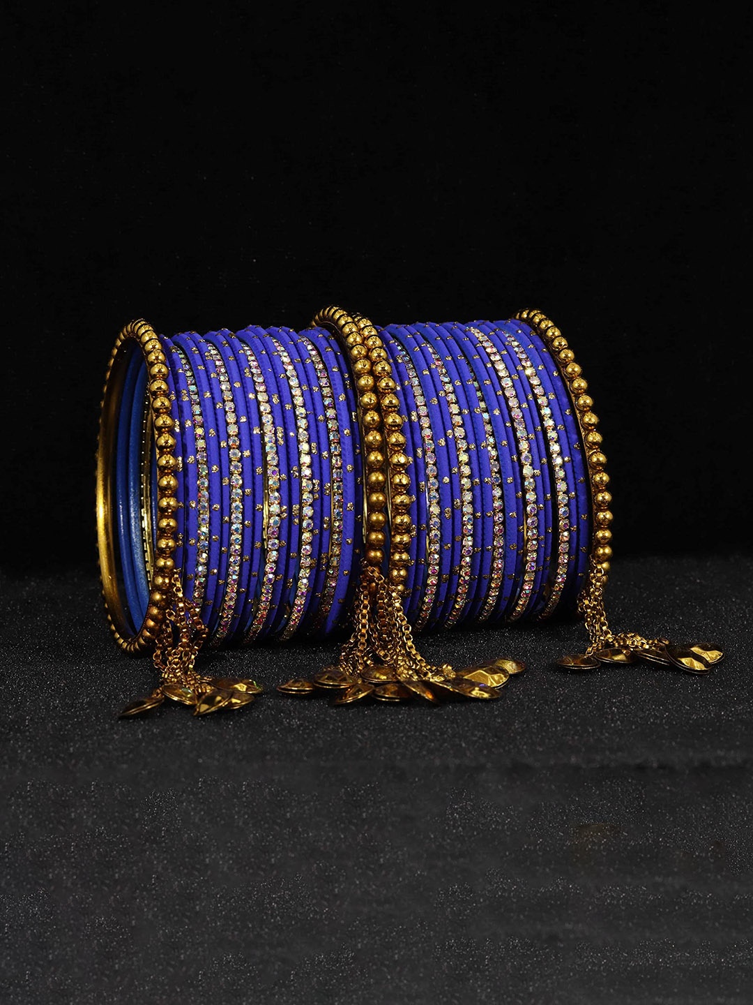 

ZULKA Set of 38 Non-Precious Metal with Zari Dotted and Rainbow Zircon Gemstone Bangles, Blue