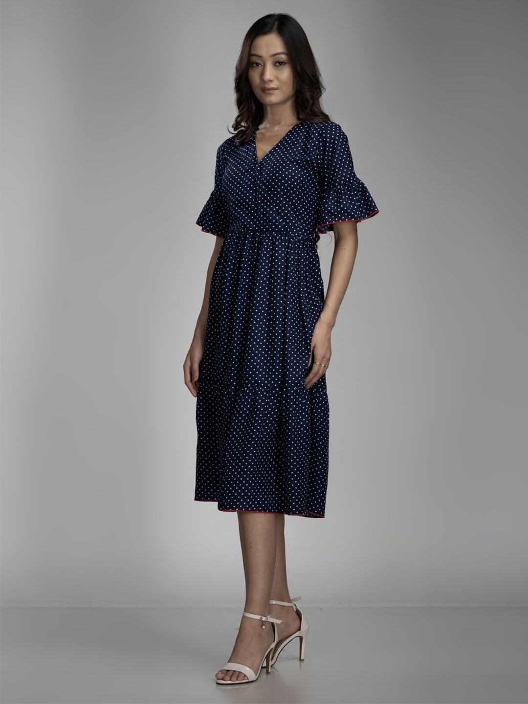 

KRISS-CROX Women Floral Print Flared Sleeve Empire Dress, Navy blue
