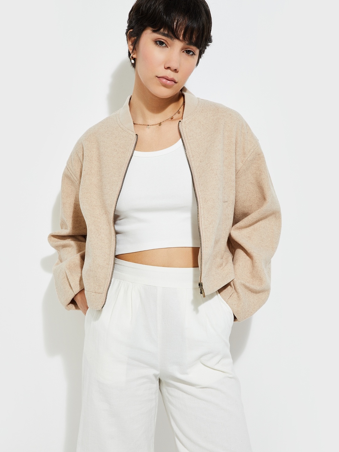 

MAX URB_N Women Textured Jacket, Beige