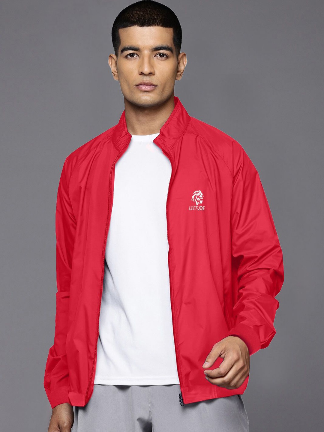 

Leotude Men Stand Collar Solid Casual Bomber Jacket, Red