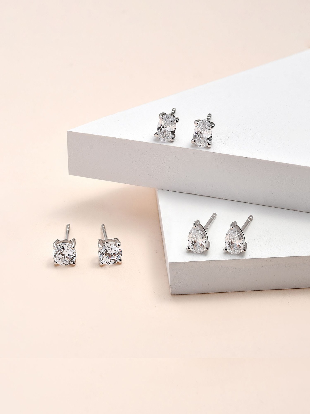 

Ornate Jewels Set of 3 Rhodium-Plated 925 Sterling Silver American Diamond Studded Studs, White